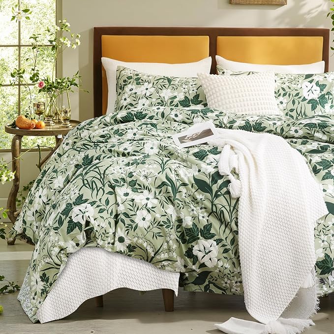 Green Floral Duvet Cover Queen 100% Cotton Decorative Emerald Comforter Cover 3 Pcs Set Dark Green Botanical Duvet Cover with Zipper Ties 2 Pillowcases Tropical Floral Bedding