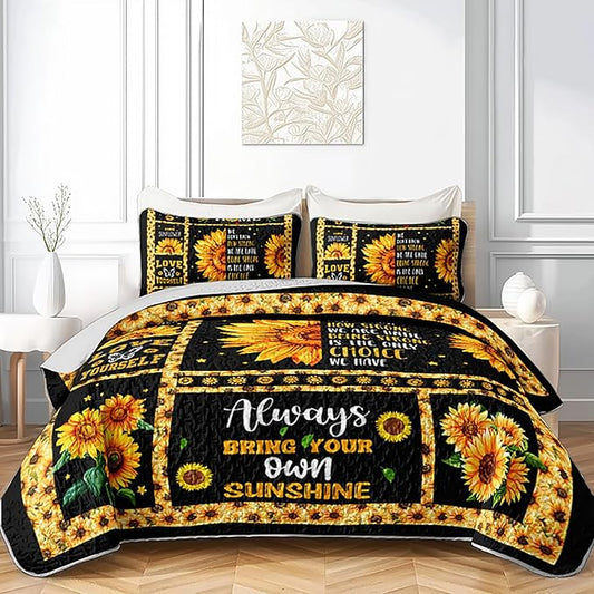 AILONEN Girls Sunflower Quilt Set Queen Size, 3Pcs Black Yellow Flower Bed Cover Bedding Set for Kids and Adults, Lightweight Bedspread Coverlet with 2 Pillowcases All Season