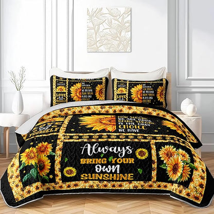AILONEN Girls Sunflower Quilt Set Full Size, 3Pcs Black Yellow Flower Bed Cover Bedding Set for Kids and Adults, Lightweight Bedspread Coverlet with 2 Pillowcases All Season