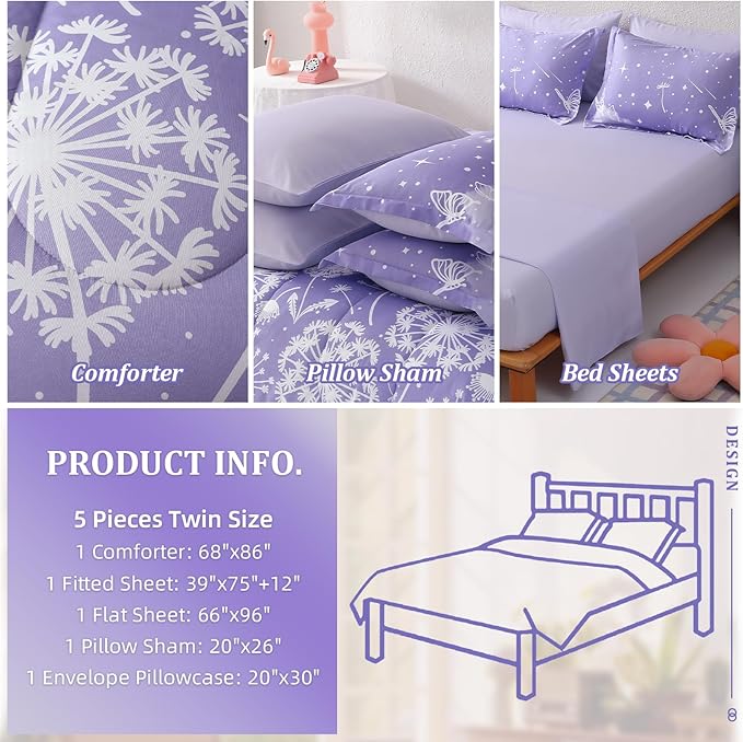 Menghomeus Girls Comforter Set Full Size 7 Pieces Bed in A Bag Ombre Purple Bedding Set Dandelion Butterfly Print Kids Bedding Collections