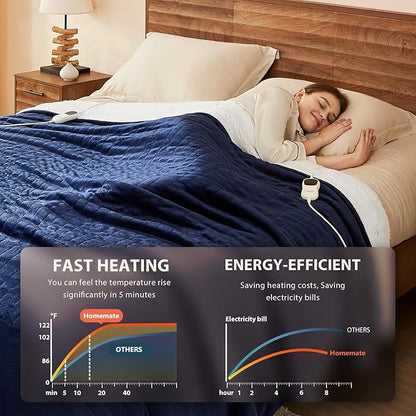 Homemate Electric Heated Blanket Full Size - 72"x84" Heating Blanket Full Size 1/2/4/6/8 Hours Auto-Off 10 Heat Level Over-Heat Protection Flannel Sherpa ETL Certification