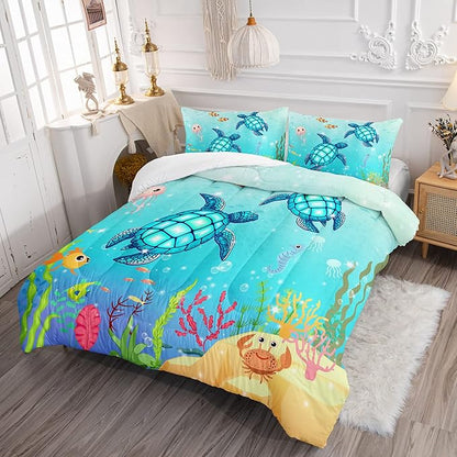 Turtle Comforter Set Twin Ocean Watercolor Sea Turtle Bedding Set Nautical Sea Animal Reptile Bed Set with 2 Pillowcases for Kids Room Decor