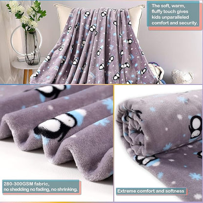 Warm Soft Toddler Fleece Blankets for Boys & Girls with Cartoon Penguin Pattern Print - Cozy Fuzzy Plush Flannel Kids Throw Blanket for Daycare & School - 50x60 inches (Grey)