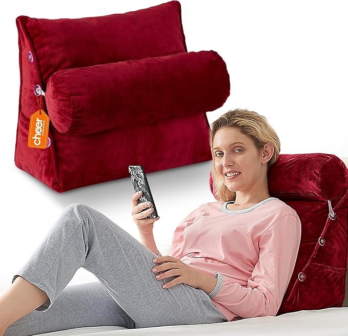 Cheer Collection Reading Wedge Pillow – TV Pillow with Adjustable Bolster Pillow, Memory Foam Back Support for Couch & Bed, Pillow Chair for Bed, Reading Pillows for Adults & Kids, Maroon