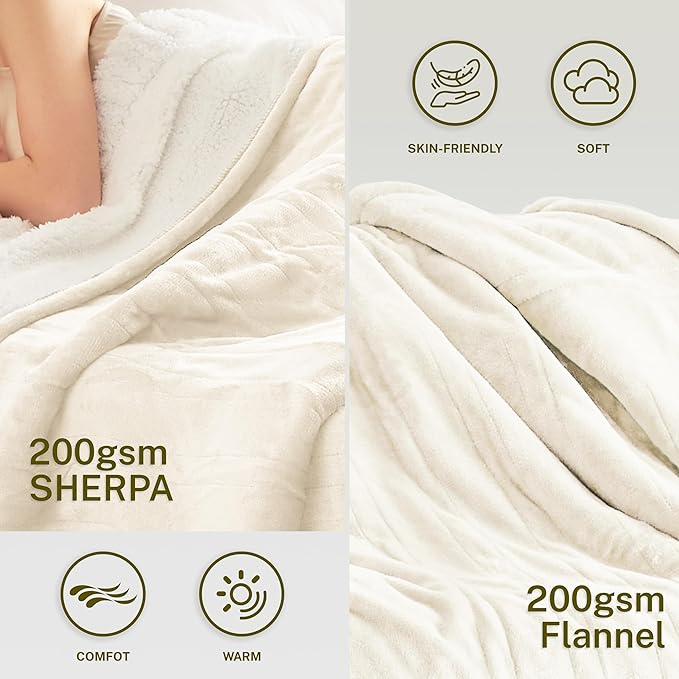 Heat Blanket 62”x84” Twin Size,Soft Flannel & Sherpa Reversible Electric Blanket with 10 Heat Settings,12 Timer Setting and 8 Hours Auto-Shut Off,ETL Certified Machine Washable,Ivory