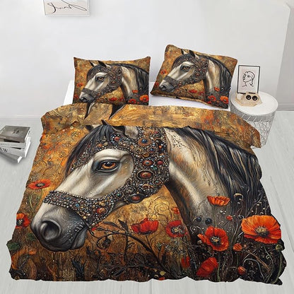 Horse Duvet Cover Oversized King Ancient Warhorses Bedding Set Bedroom Decor Red Poppy and Horse Comforter Cover and 2 Pillow Sham with Zipper Closure