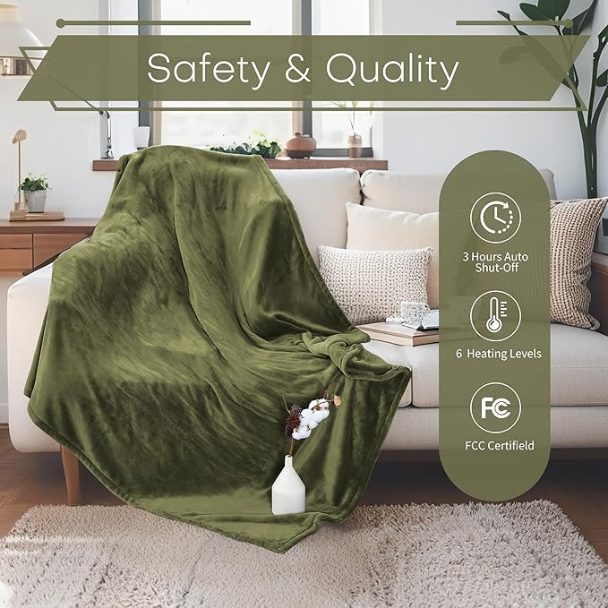 Electric Heated Blanket Throw Size 50"x60" - Flannel & Sherpa Fabric Dual-Sided, 6 Heat Settings & 1-3 Hours Auto Off, Soft & Cozy Warming Throw for Home, Office, or Bed, Machine Washable, Olive Green