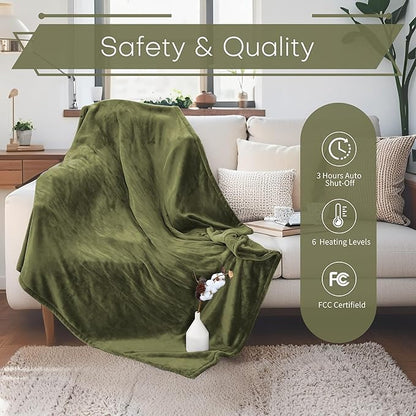 Electric Heated Blanket Throw Size 50"x60" - Flannel & Sherpa Fabric Dual-Sided, 6 Heat Settings & 1-3 Hours Auto Off, Soft & Cozy Warming Throw for Home, Office, or Bed, Machine Washable, Olive Green