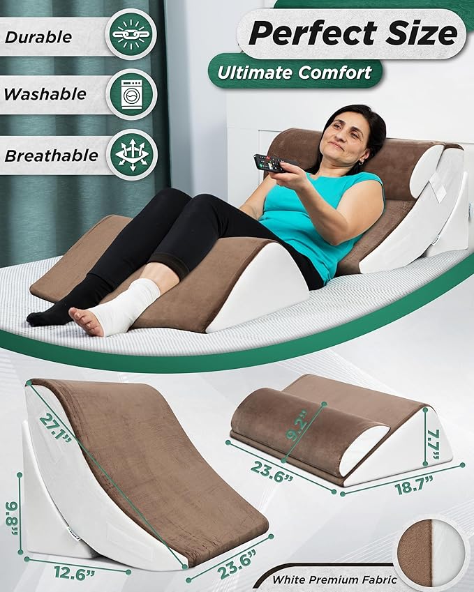 Lunix 4pcs Orthopedic Bed Wedge Pillow Set, Post Surgery Memory Foam for Back, Knee, Leg Pain Relief, Adjustable Sitting Pillow for Sleeping, Acid Reflux, GERD, with Hot Cold Pack, Brown/White