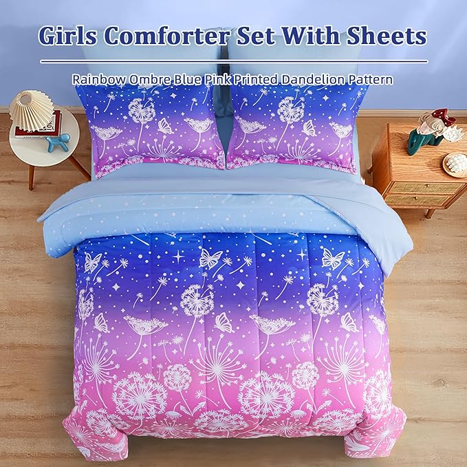 Menghomeus Girls Comforter Set Full Size 7 Pieces Bed in A Bag Ombre Blue Pink Bedding Set Dandelion Butterfly Print Kids Bedding Collections