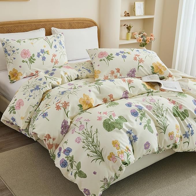 100% Cotton Duvet Cover King Size – Botanical Garden Print, Green Floral Duvet Cover Set with Zipper Closure, 3-Piece Soft Breathable Natural Cotton Bedding Set for All Seasons