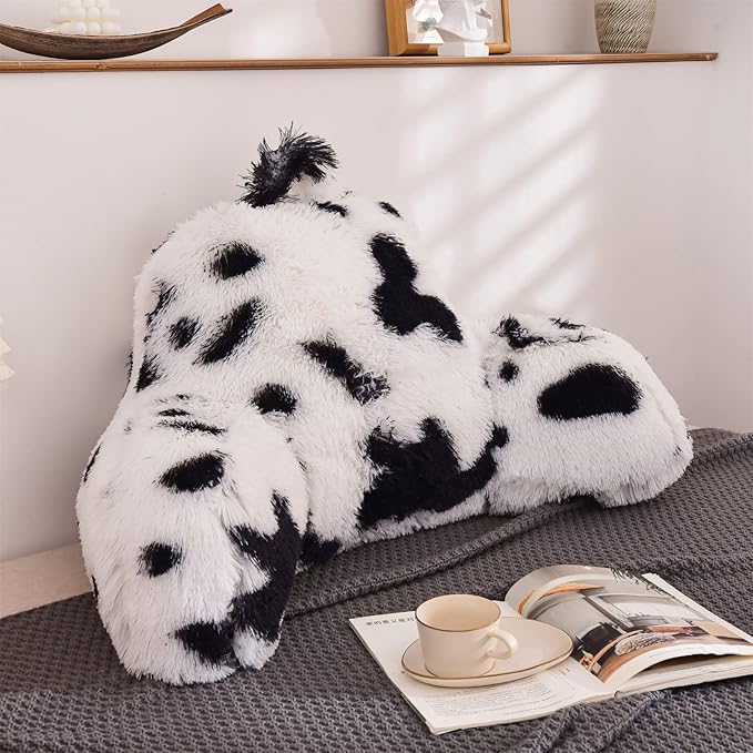 Aimuan Reading Pillow Bed Rest Pillow with Arms Plush Shaggy Fur Cushion for Adults Teens Incline Rest Sitting up & Sleeping Snoring Pillow with Pregnancy Lumbar Back Support (Standard, White-Black)