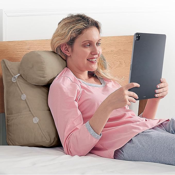 Cheer Collection Reading Wedge Pillow - Adjustable Wedge Reading Pillow with Neck Support, Hollow Fiber-Filled Backrest Pillow for Reading, Gaming, and TV Watching, Taupe