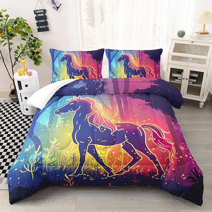 Queen Size Unicorn Bedding Set, Cute Unicorn Yellow Line Design Duvet Set for Kids Girls, Dreamy Minimalist Style Quilt for Bedroom Recor