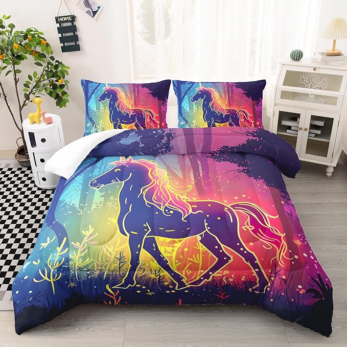 Full Size Unicorn Bedding Set, Cute Unicorn Yellow Line Design Duvet Set for Kids Girls, Dreamy Minimalist Style Quilt for Bedroom Recor