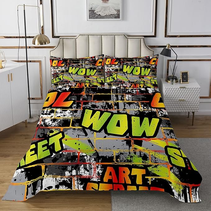 Erosebridal Graffiti Bedspread Twin, Hip Hop Bedspread Quilt Set Hippie Quilted for Child Teens Girls Boys, Street Art Decorations 2 Pieces Coverlet Set, (Watercolor)