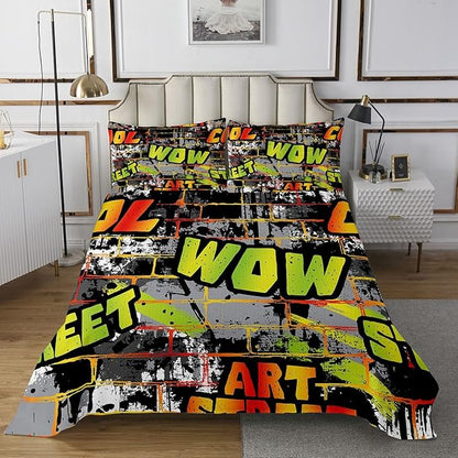 Erosebridal Graffiti Bedspread King, Hip Hop Bedding Set Hippie Quilted for Child Teens Girls Boys, Street Art Decorations 3 Pieces Coverlet Set, (Watercolor)
