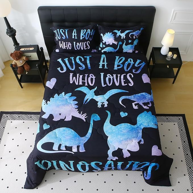 7 Piece Boys Dinosaur Comforter Set Full Size Blue Dinonsaur Soft Microfiber Bed in A Bag with Comforter,Sheet Set,Pillowcase and Sham for Child Teens All Season