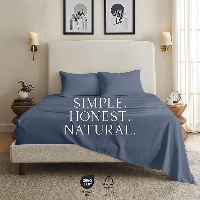 KARISSA MAE Cooling Bamboo Viscose Queen Size Sheet Set | 100% Organically Grown | 18” Deep Pocket | Silky, Soft, & Hypoallergenic | with Organizer Band & Elastic Corner Straps [Slate Blue]
