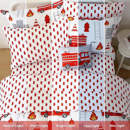 Mooreeke Kids Full Comforter Sets for Boys 8 Pieces Fire Truck White Bedding Set for Teens Soft Microfiber Kids Bed in A Bag with Comforter, Sheet Set, Shams and Decorative Toy Pillow All Season