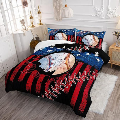 HOSIMA Baseball Comforter Set,Sports Comforter Sets for Boys Kids Teens Bedroom Decor,American Flag Comforter and Baseball Print Bedding Set with 2 Pillowcases,Queen Size Comforter Sets.
