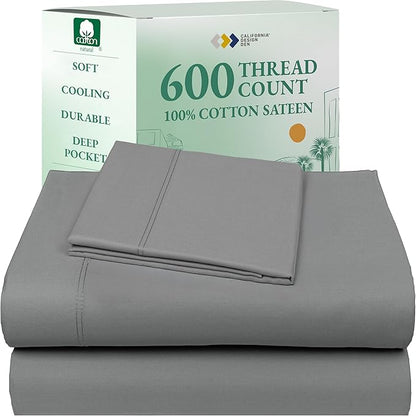 California Design Den Luxury Twin Sheet Set - 100% Cotton, 600 Thread Count Deep Pocket Twin Sheets, Hotel-Quality Bedding with Soft Sateen Weave - Mist Grey