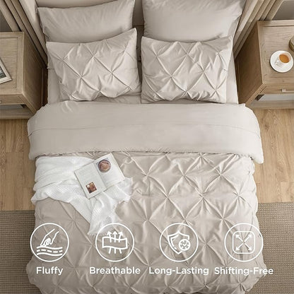Bedsure California King Comforter Set Linen - Bed in a Bag Cal King 7 Pieces, GentleSoft™ Pintuck Bed Set Gift for Family, Pinch Pleat All Season Comforter with Sheets, Pillowcases & Shams