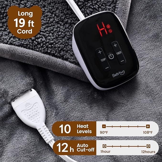 Bearhug Electric Blanket Twin Size 62" x 84", Velvet & Sherpa Heated Blanket, 10 Heating Levels & 1-12H Auto Off, Over-Heat Protect, ETL Certification, Machine Washable