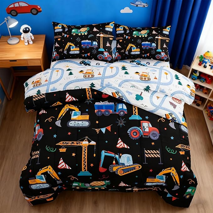 Holawakaka Trucks Tractors Cars Boy Bedding Comforter Set with Sheets, Full Size Cartoon Construction Car Excavator Print Kids Bed in A Bag 5-Piece, Boys Reversible Dorm Bed Sets (Black Full)