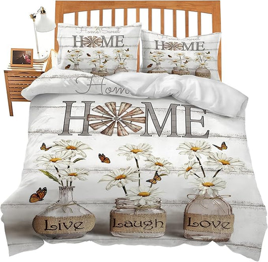 Daisy Flower Theme 3 Pieces Duvet Cover Comforter Set with 2 Pillowcase Queen Size White Floral Bed Sheet Quilt Bedroom Bedding for Lover Kids