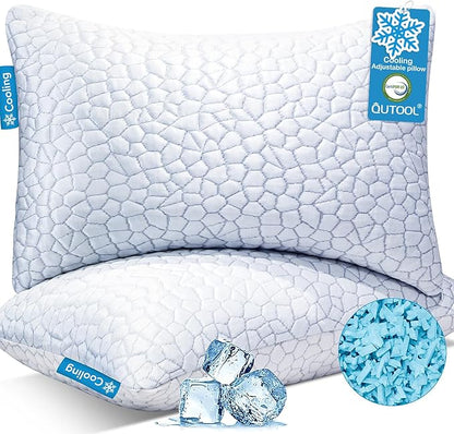 QUTOOL Cooling Pillow for Sleeping King Size 2 Pack, CertiPUR-US Shredded Memory Foam Bed Pillows Set of 2, Soft Cool Pillow for Hot Sleepers Adjustable Firm Pillow for Side, Back, Stomach Sleepers