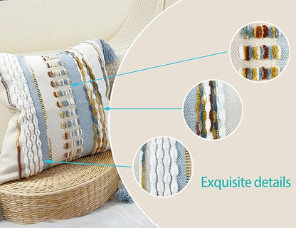 Boho Throw Pillow Covers 18x18 Aesthetic Neutral Boucle Couch Pillow Cover Rainbow Striped Decorative Accent Pillow Case for Couch Bed Sofa Farmhouse Bedroom,Modern Funky,Set of 2 Light Blue