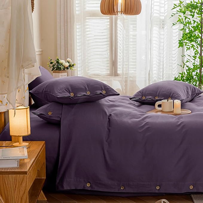 JELLYMONI Cotton Duvet Cover King Size - Purple Comforter Cover with Button 100% Washed Cotton 3PCS Breathable Soft Solid Bedding Set Duvet Cover 104×90in & 2 Pillowcases (NO Comforter)