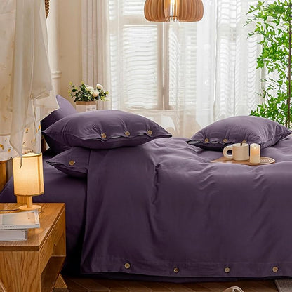 JELLYMONI Cotton Duvet Cover Queen Size - Purple Comforter Cover with Button 100% Washed Cotton 3PCS Breathable Soft Solid Bedding Set Duvet Cover 90×90in & 2 Pillowcases (NO Comforter)