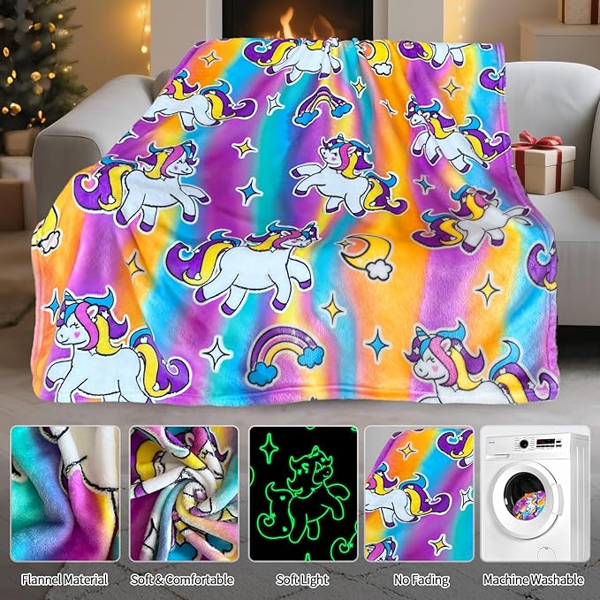 Unicorn Glow in The Dark Blanket, Unicorn Blanket for Girls/Kids, Unicorns Gifts for Girls Age 3-12, Toddler Blanket for Kids, Soft Fleece Blanket Throw Birthday Gift 40"x60"