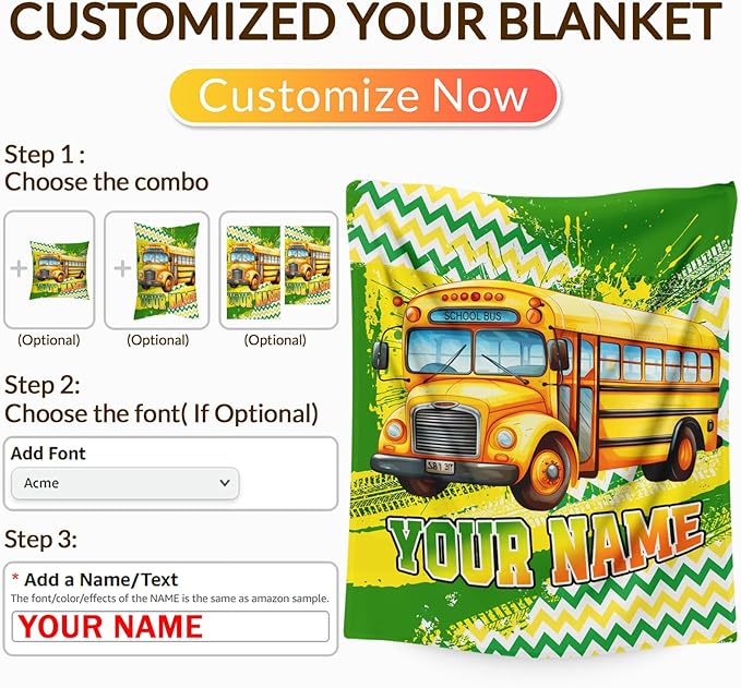 Blanket for Boys, Personalized School Bus Throw Blanket Gifts for Kids Boys Age 4-6, 40"x50" Cute Custom Flannel Blankets Gift for Son Cars Lovers Lightweight Throws for Couch Sofa Bed Decor