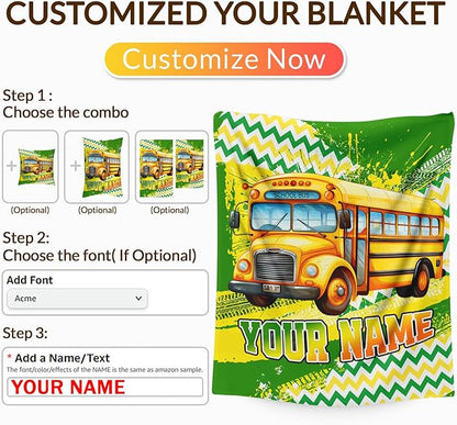 Boys Blanket Gifts Personalized School Bus Blankets for Kids Teens Adults - 60" x 80" Custom Name Cool Car Themed Soft Lightweight Flannel Throws for Couch, Sofa, Bedroom Decor