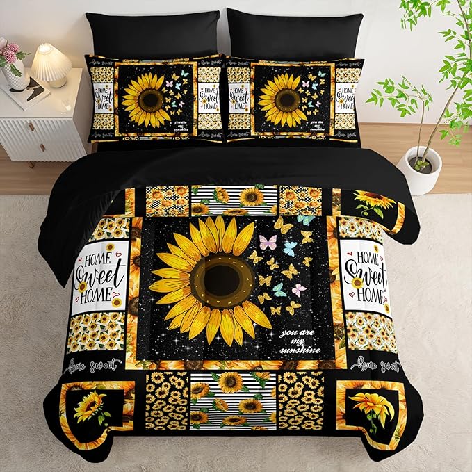 Sunflower Comforter Set 7 Piece Full Size Bed in A Bag,Flowers Bedding for Room Decor,Soft Sunflower Bedding with Fitted Sheet,Flat Sheet, Pillowcases & Shams