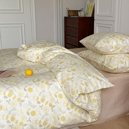 AOJIM Pure Cotton Duvet Cover Set with Cute Pattern Design, Soft Comfy Yellow Lemon Comforter Cover Set 3pcs, 1 Reversible Quilt Cover Full Size and 2 Matching Pillowcases for Room Decor, No Comforter