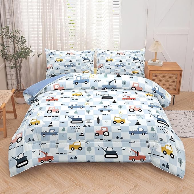 Peopleareok Excavator Comforter Set Twin (68x86 Inch), 2 Pieces Construction Machinery Truck Tractor Bedding Sets for Kids Boys, Super Soft Microfiber Comforter with 1 Pillowcase
