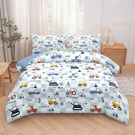 Peopleareok Excavator Comforter Set Full (79x90 Inch), 3 Pieces Construction Machinery Truck Tractor Bedding Sets for Kids Boys, Super Soft Microfiber Comforter with 1 Pillowcase