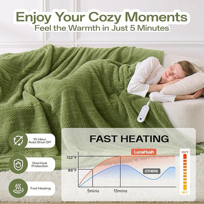 Heated Blanket Electric Blanket Full Size Fuzzy Fleece, 72" x 84" Soft Fluffy Fast Heating Blanket 8 Heating Levels & 10 Hours Auto Off with ETL & FCC Certification, Green