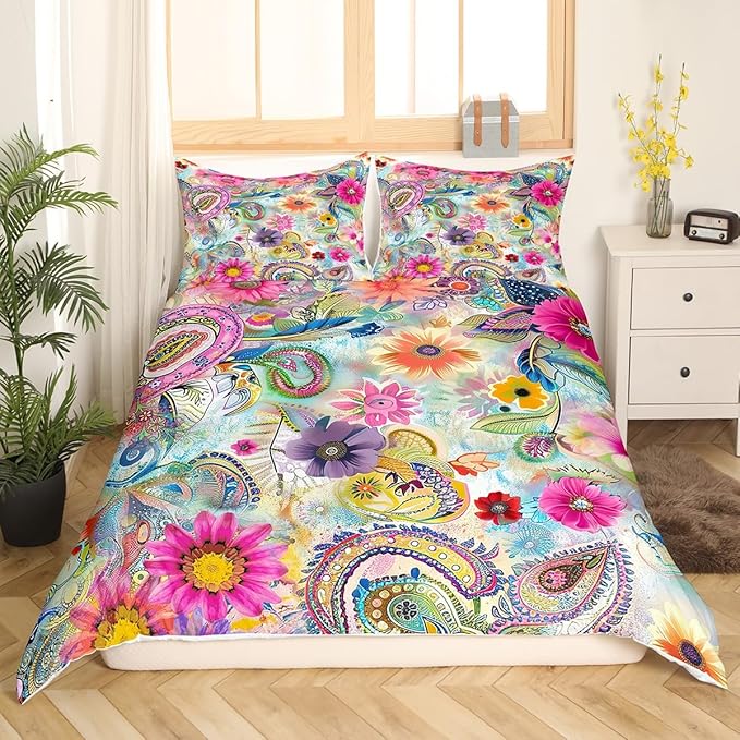 Daisy Flowers Tie Dye Duvet Cover Set King Size 104"x90",Colorful Paisley Print Comforter Cover with 2 Pillowcases,Kids Girls Bedroom Bedding Set Romantic Floral Microfiber Quilt Cover (No Comforter)