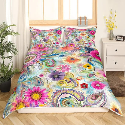 Daisy Flowers Tie Dye Duvet Cover Set King Size 104"x90",Colorful Paisley Print Comforter Cover with 2 Pillowcases,Kids Girls Bedroom Bedding Set Romantic Floral Microfiber Quilt Cover (No Comforter)