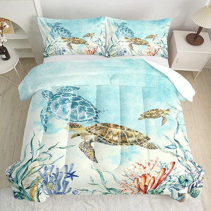 CVHOUSE Ocean Watercolor Sea Turtle Bedding Set - Kids Teens Comforter, Duvet, Quilt Set - Twin Size