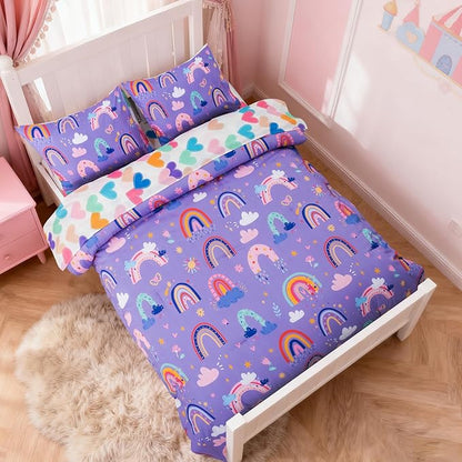 Holawakaka Boho Rainbow Twin Comforter Set with Sheets, 5-Piece Bohemian Love Heart Star Bedding Set for Girls & Women -Super Soft Microfiber Kids Teen-girls Twin Size Lavender Reversible Bed-in-a-Bag