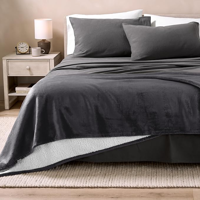 Bare Home Sherpa Fleece Blanket - Full/Queen Size - Blanket for Bed, Sofa, and Couch - Warm & Lightweight - Fluffy & Soft - Reversible (Full/Queen, Forged Iron Grey)