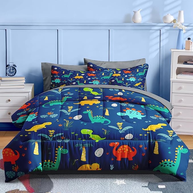 Nesker Comforter Set Full Size, Blue Dino 7 Pcs Bedding for Kids Teens, Dinosaur with Fitted Sheet 2 Pillowcases & 2 Shams for Bedroom Bed Decor