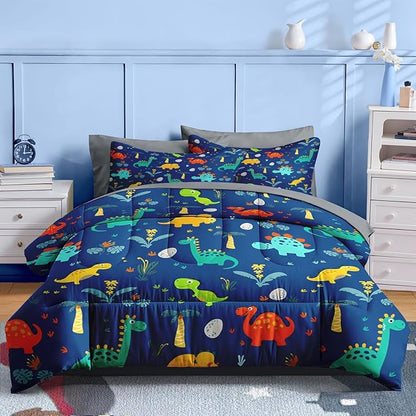 Nesker Comforter Set Full Size, Blue Dino 7 Pcs Bedding for Kids Teens, Dinosaur with Fitted Sheet 2 Pillowcases & 2 Shams for Bedroom Bed Decor
