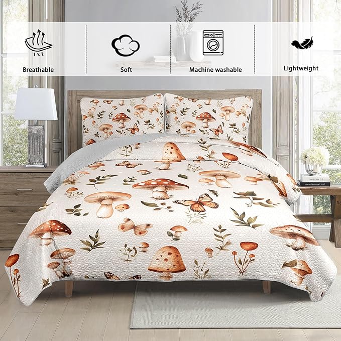 Mushroom Bedding Quilt Set for Kids Teens and Adults Room Decor,Natural Wild Fungus Plant Pattern Bedding Twin Size,Soft and Breathable Summer Quilts with 2 Pillowcases.